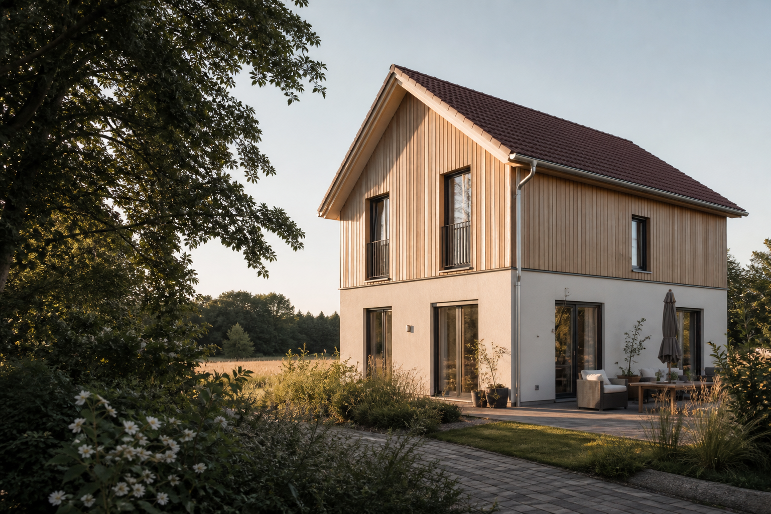 Modernes Fertighaus mit warmer Holzfassade in einem angelegten Garten