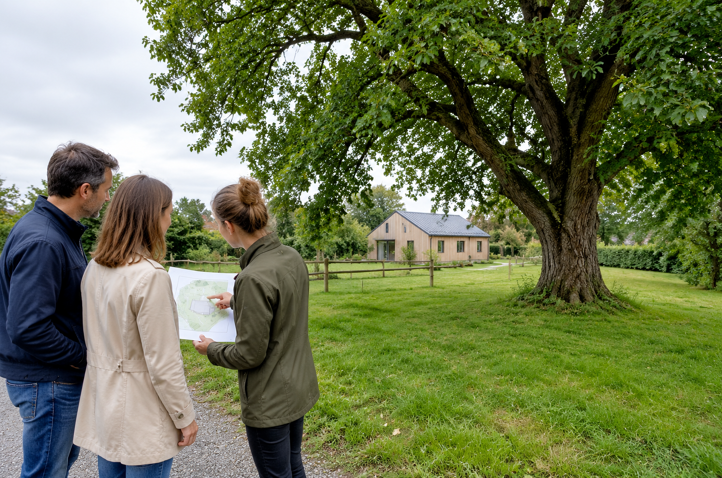 Illustrative Darstellung zum Ratgeberthema Fertighaus mit Baumbestand: Haus und Garten zusammen planen