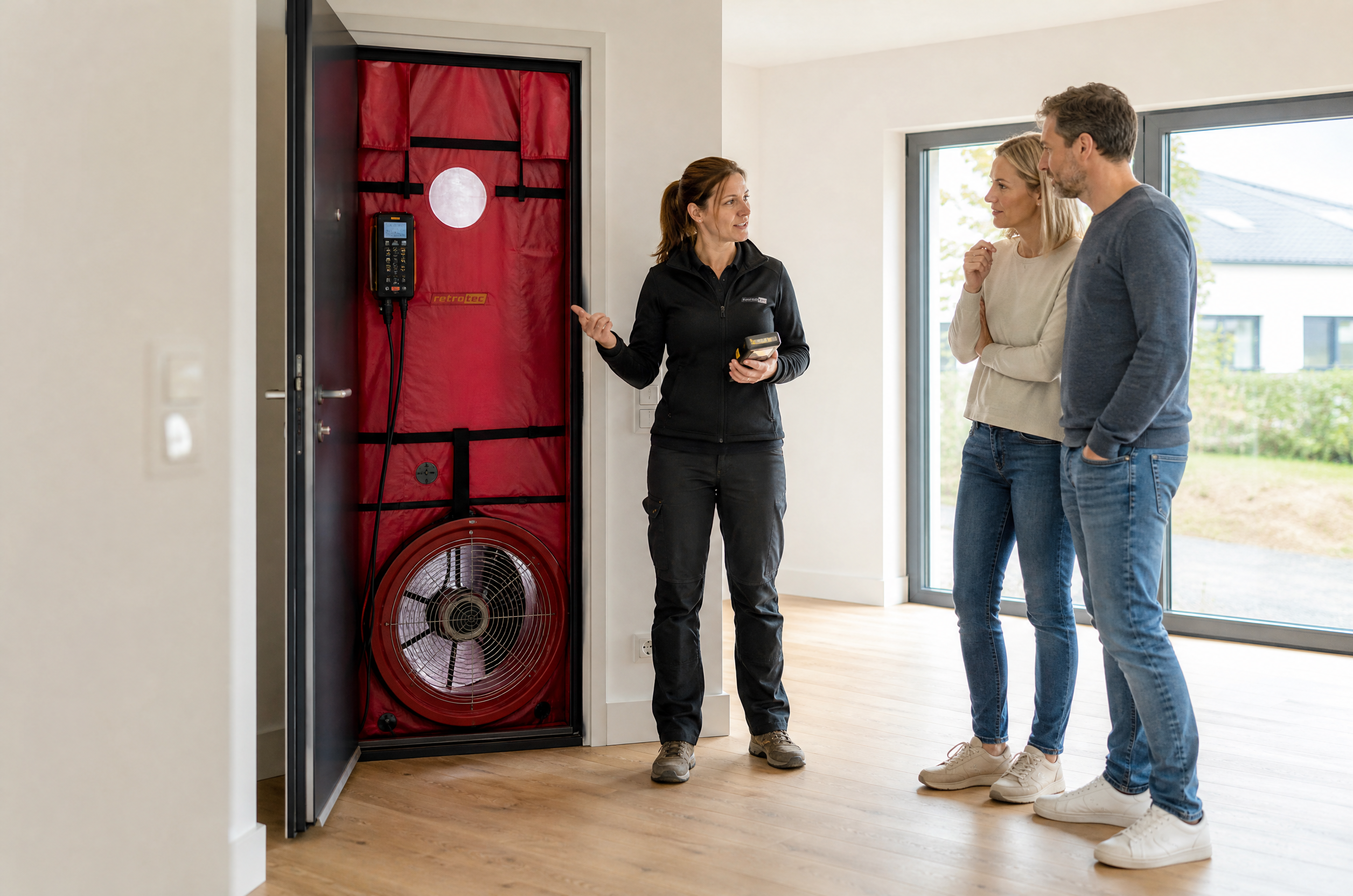 Illustrative Darstellung zum Ratgeberthema Blower-Door-Test beim Fertighaus: Welche Prüfung Sie wann vereinbaren sollten