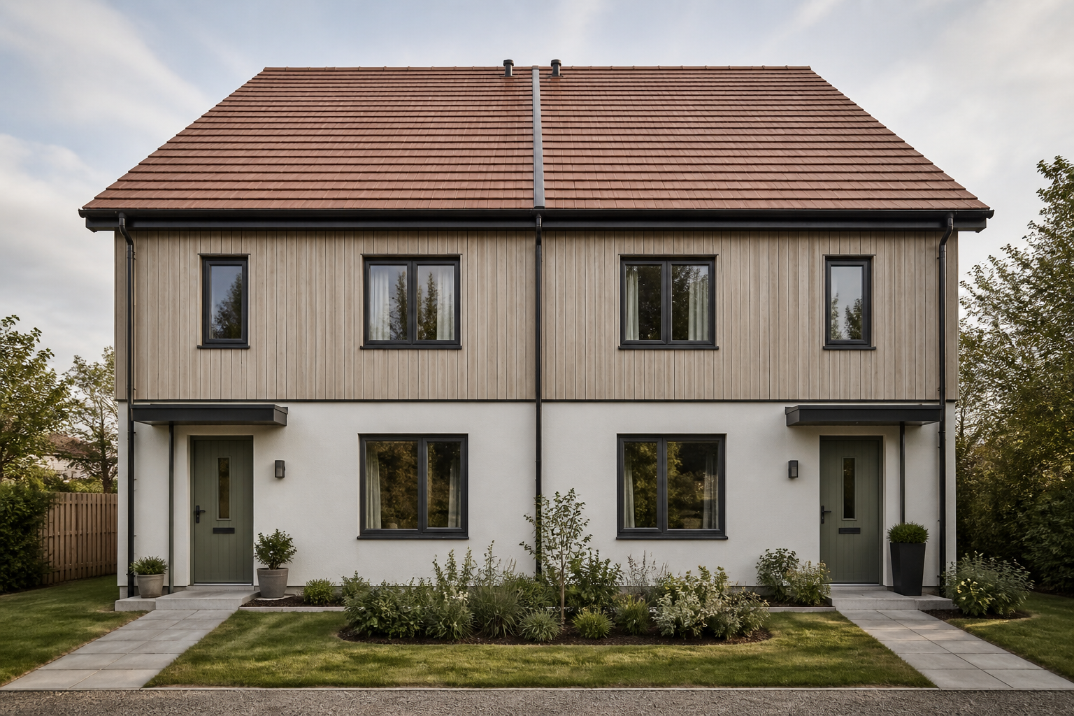 Illustrative Darstellung zum Ratgeberthema Fertighaus als Doppelhaus: Gemeinsam planen, getrennt entscheiden