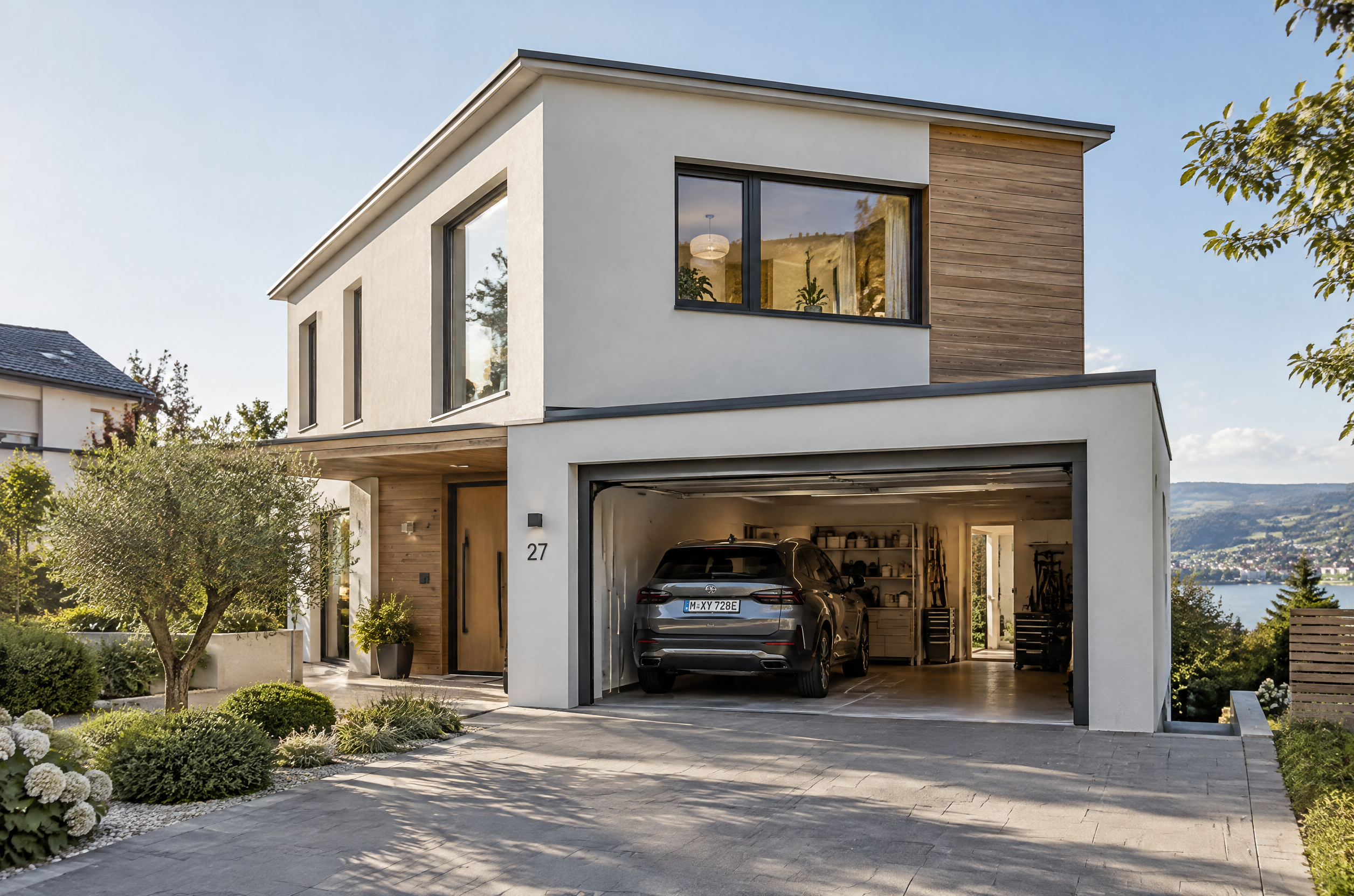 Illustrative Darstellung zum Ratgeberthema Garage im Fertighaus oder eigenes Gebäude: Was passt?