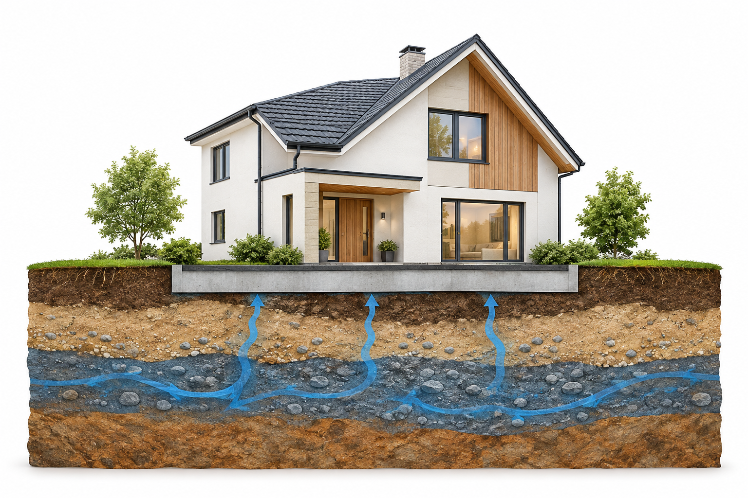 Illustrative Darstellung zum Ratgeberthema Fertighaus mit Radonvorsorge: Welcher Aufbau passt zum Standort?