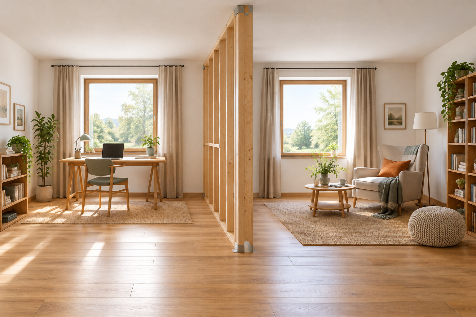 Illustrative Darstellung zum Ratgeberthema Raumteilung im Fertighaus: Offen planen oder feste Zimmer?