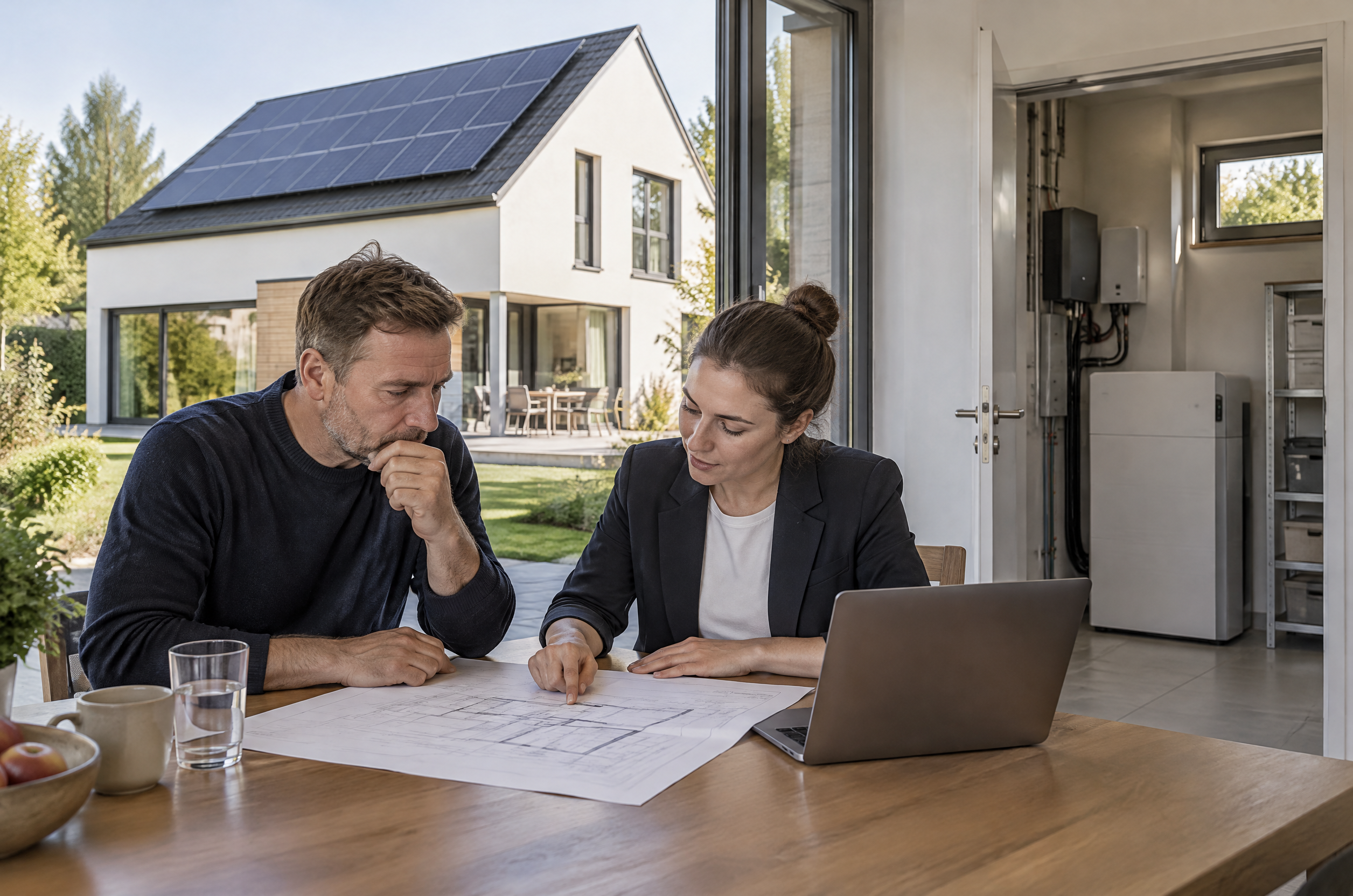 Illustrative Darstellung zum Ratgeberthema Photovoltaik und Speicher beim Fertighaus: Was Sie zusammen planen sollten