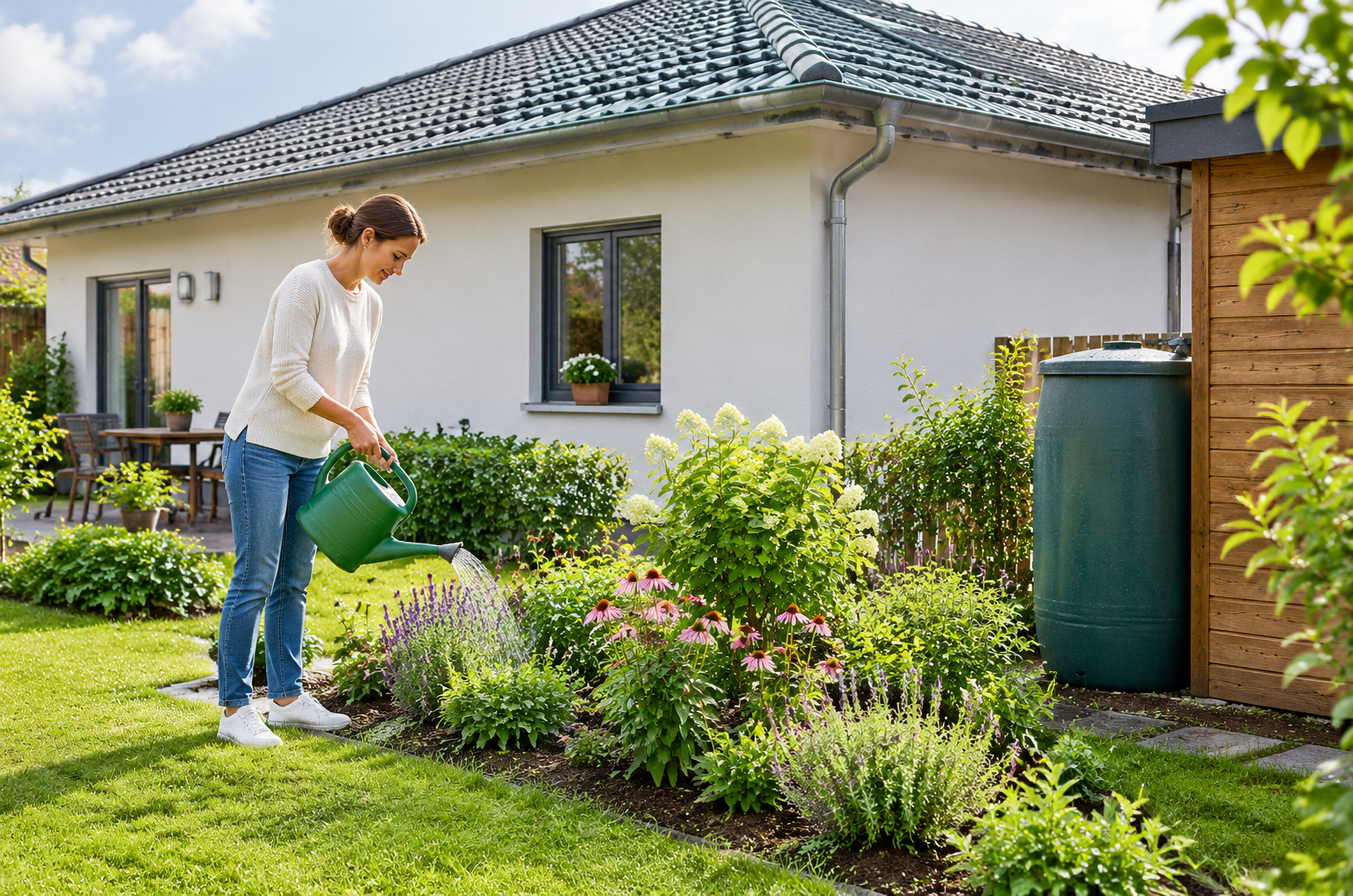 Illustrative Darstellung zum Ratgeberthema Regenwasser im Fertighausprojekt: Garten oder Haus versorgen?