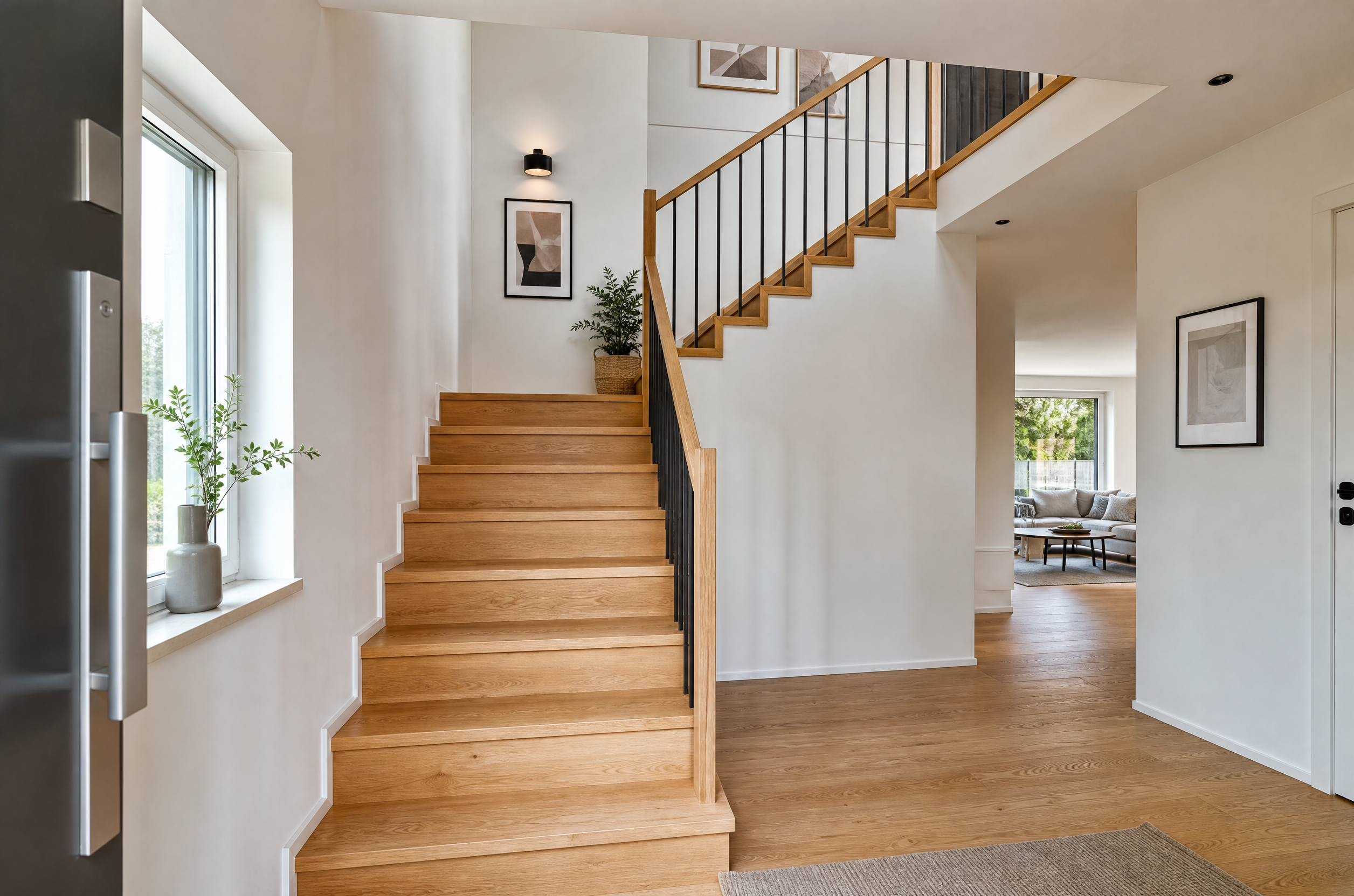 Illustrative Darstellung zum Ratgeberthema Treppe im Fertighaus planen: Welche Form in Ihren Alltag und Grundriss passt
