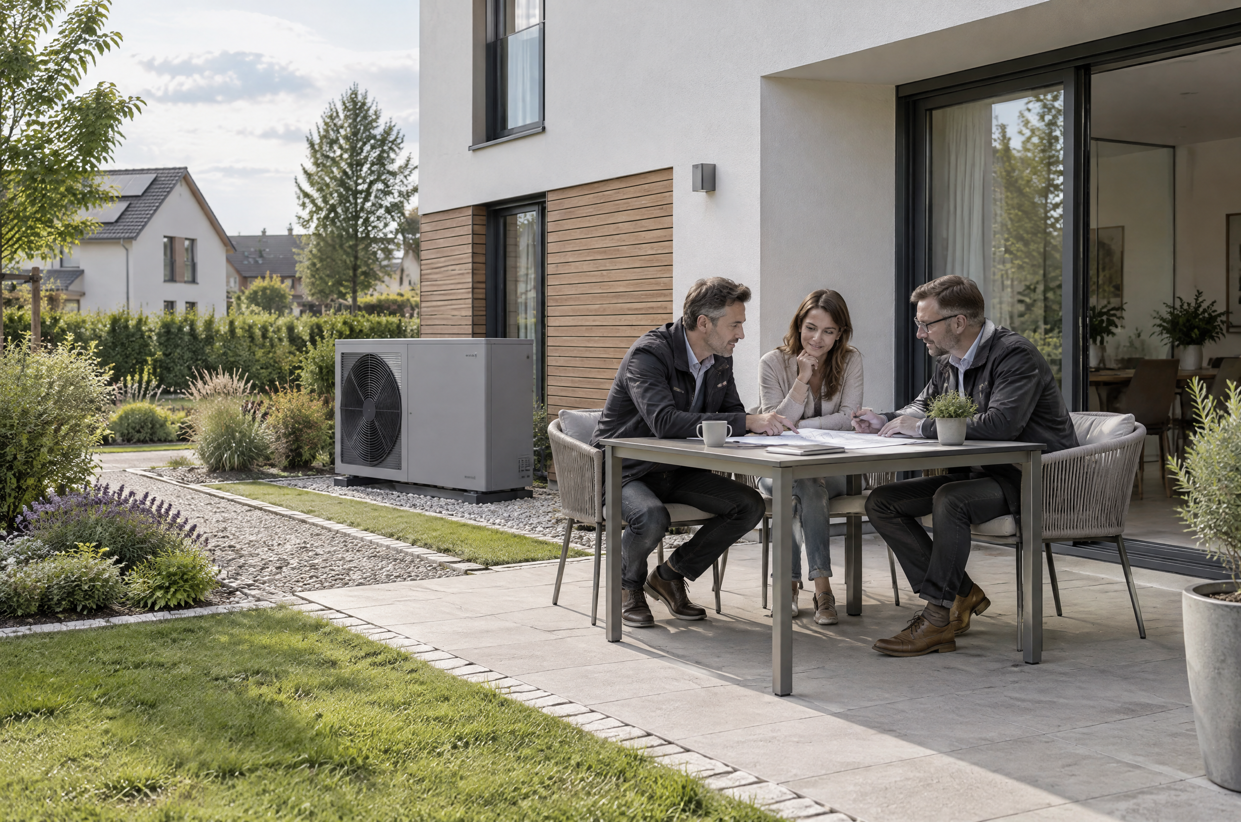 Illustrative Darstellung zum Ratgeberthema Wärmepumpe fürs Fertighaus: Welche Systemausführung zum Haus und Grundstück passt