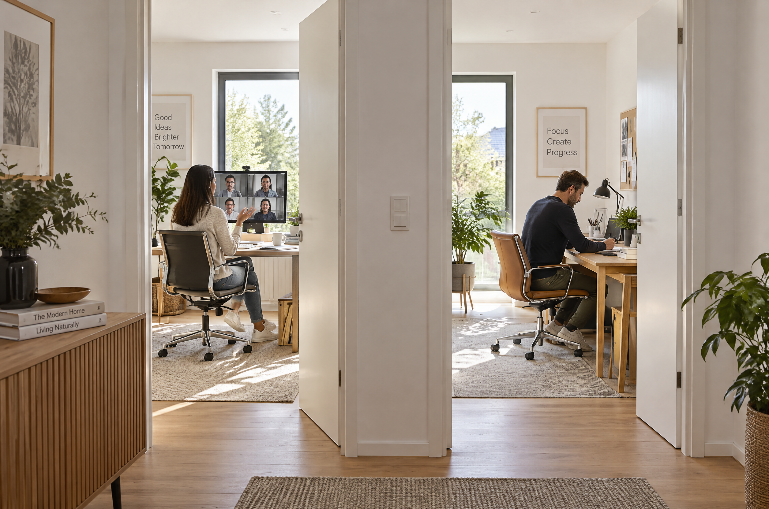 Illustrative Darstellung zum Ratgeberthema Zwei Arbeitszimmer im Fertighaus: Flexibel oder getrennte Zone?